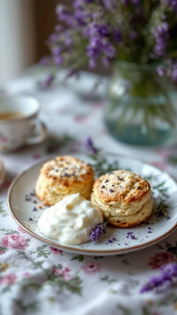 A plate of honey lavender scones served with cream and garnished with lavender flowers.