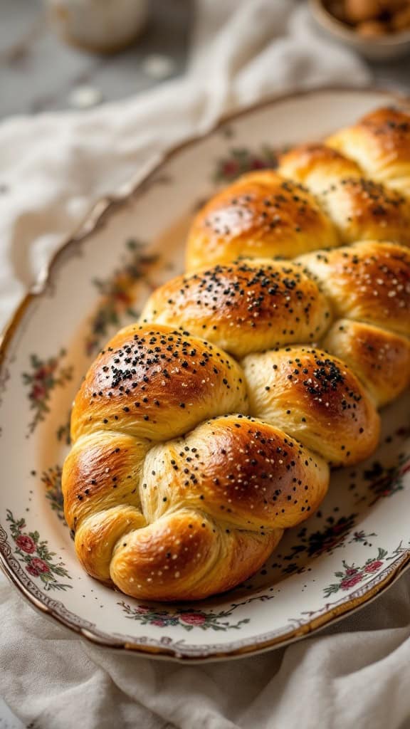 A beautifully braided Hungarian Easter bread (Kalács) on a floral plate.