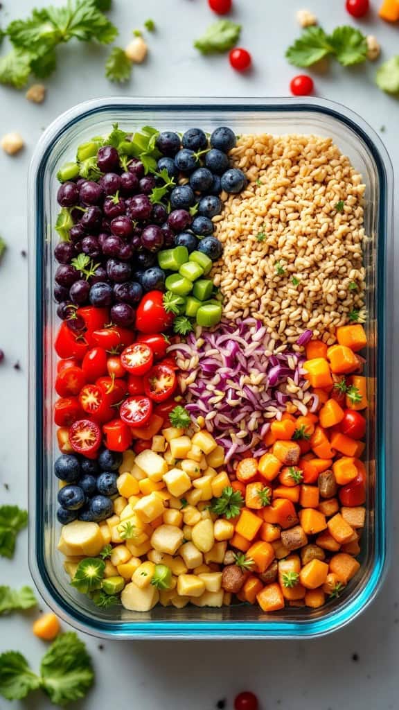 Colorful meal prep container filled with fresh fruits and vegetables.