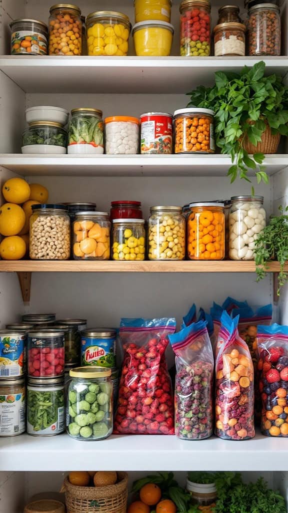 Shelves filled with jars of canned and frozen fruits and vegetables
