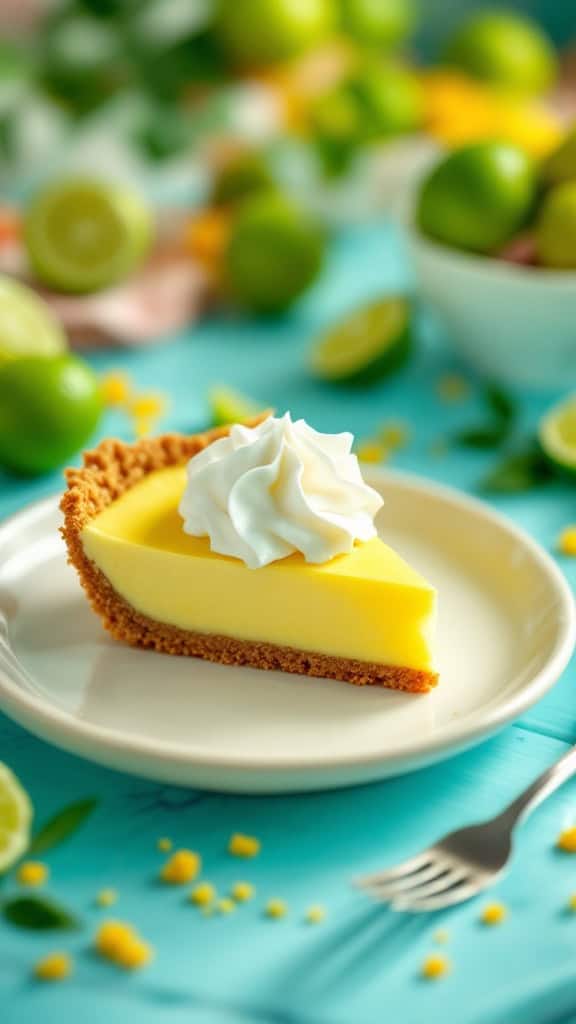 A slice of key lime pie with whipped cream on a plate, surrounded by limes.