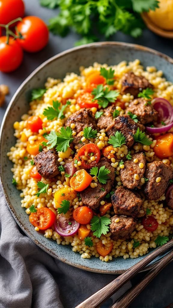 A delicious lamb and couscous salad served in a bowl, garnished with fresh herbs and colorful vegetables.