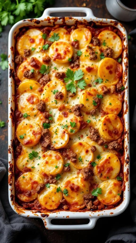 A hearty dish of lamb and potato moussaka with layers of potatoes and ground lamb, topped with a golden cheese crust.