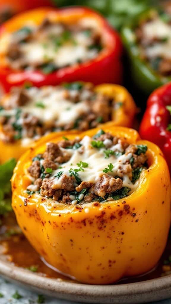Colorful stuffed peppers filled with lamb and spinach, topped with cheese.