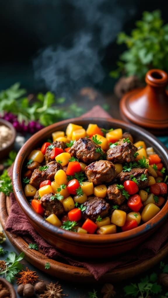 A rustic dish of lamb and vegetables in a tagine pot, surrounded by herbs and spices.