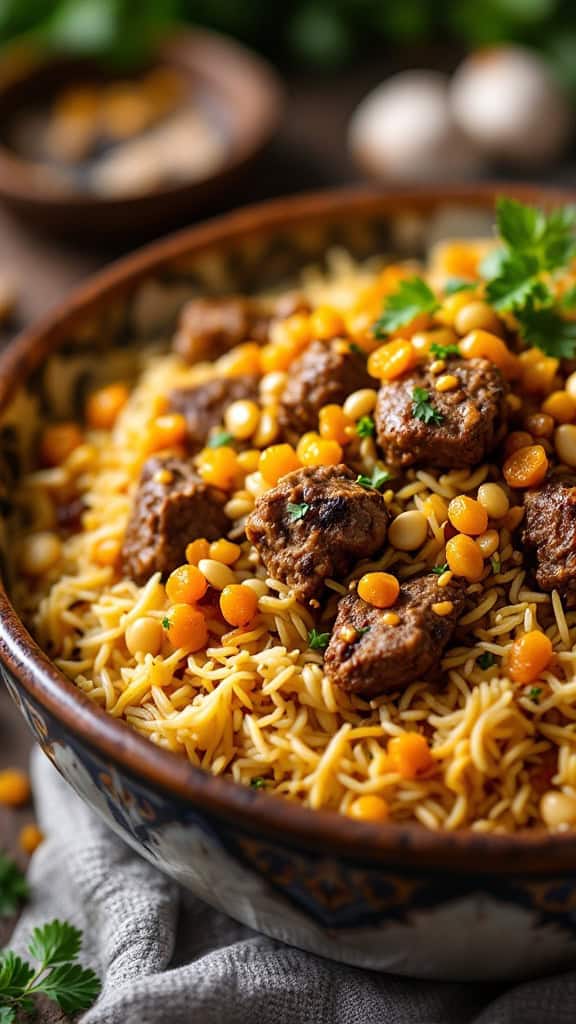 A bowl of lamb biryani with raisins and nuts, garnished with herbs