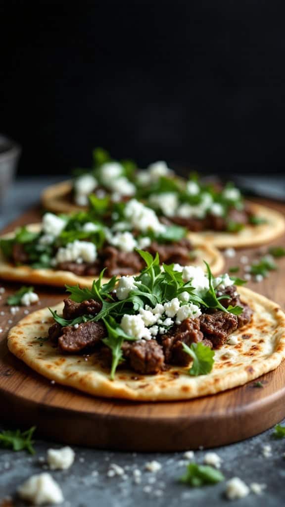 Lamb flatbreads topped with feta and arugula on a wooden board