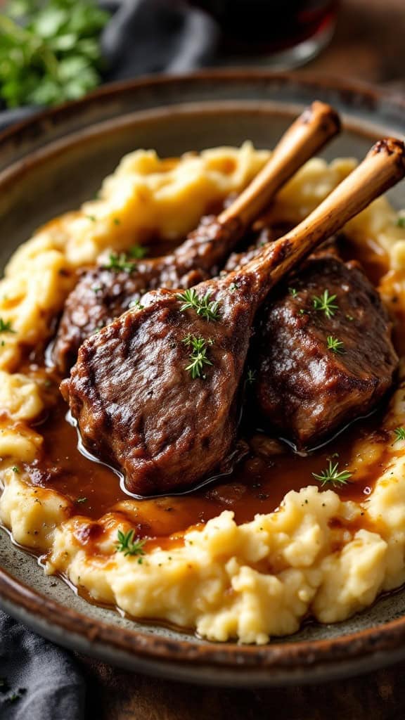 Lamb shanks braised in red wine served on a plate with mashed potatoes