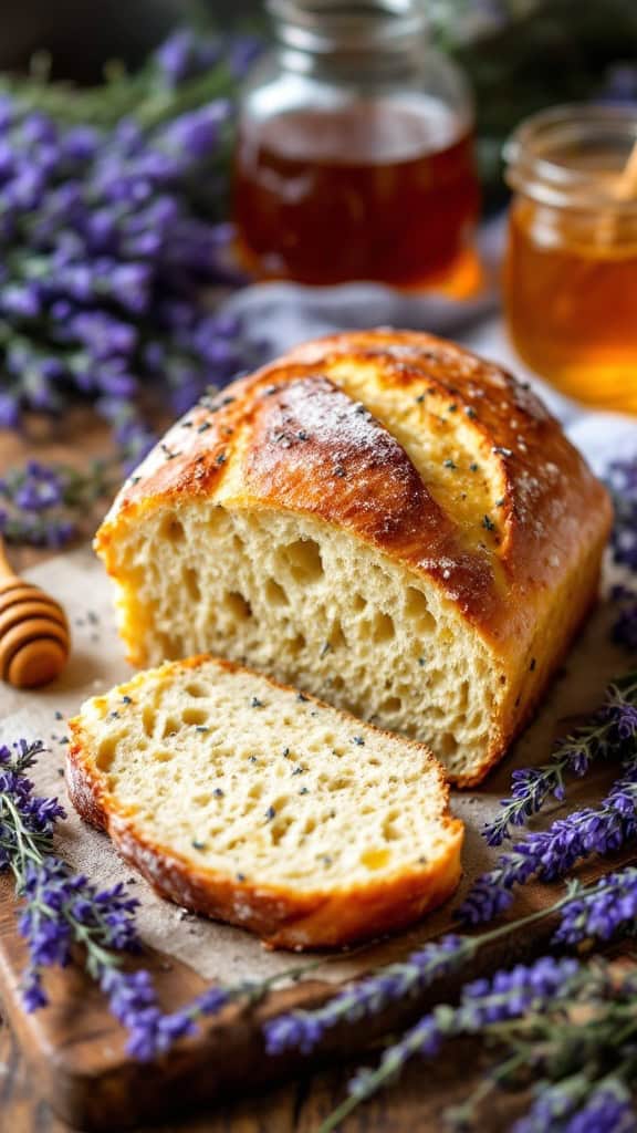 Lavender and honey infused bread with a slice cut out, surrounded by lavender flowers and honey jars.