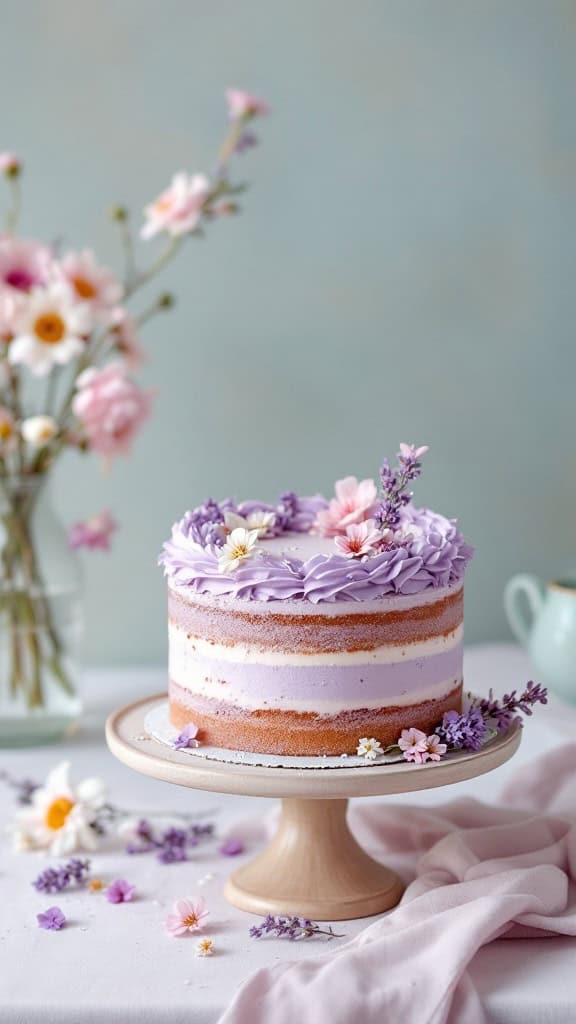 A beautifully decorated lavender honey cake with floral accents.
