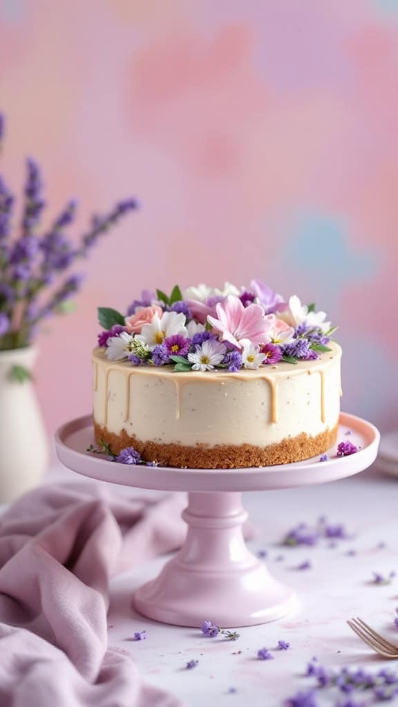A lavender honey cheesecake topped with colorful flowers on a pink cake stand.