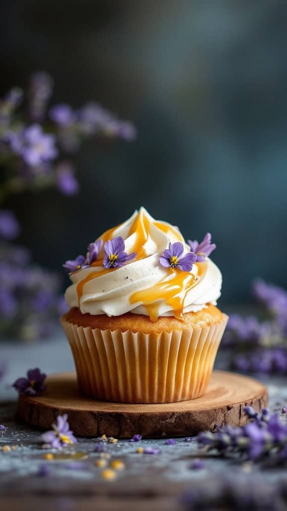 A lavender honey cupcake with frosting and flowers.