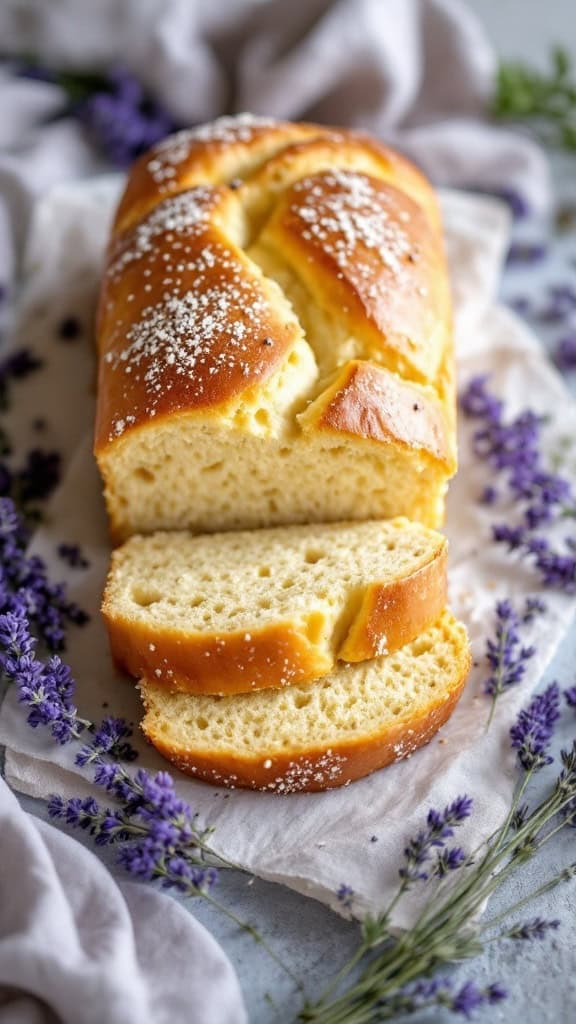 A loaf of lavender honey Easter bread, sliced and surrounded by lavender flowers.
