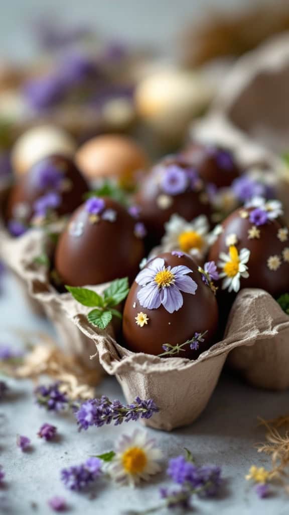A beautiful arrangement of chocolate Easter eggs decorated with lavender and edible flowers.