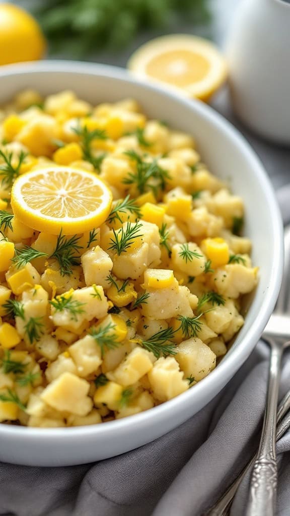 A close-up of lemon and dill stuffing in a bowl, garnished with lemon slices and fresh dill.