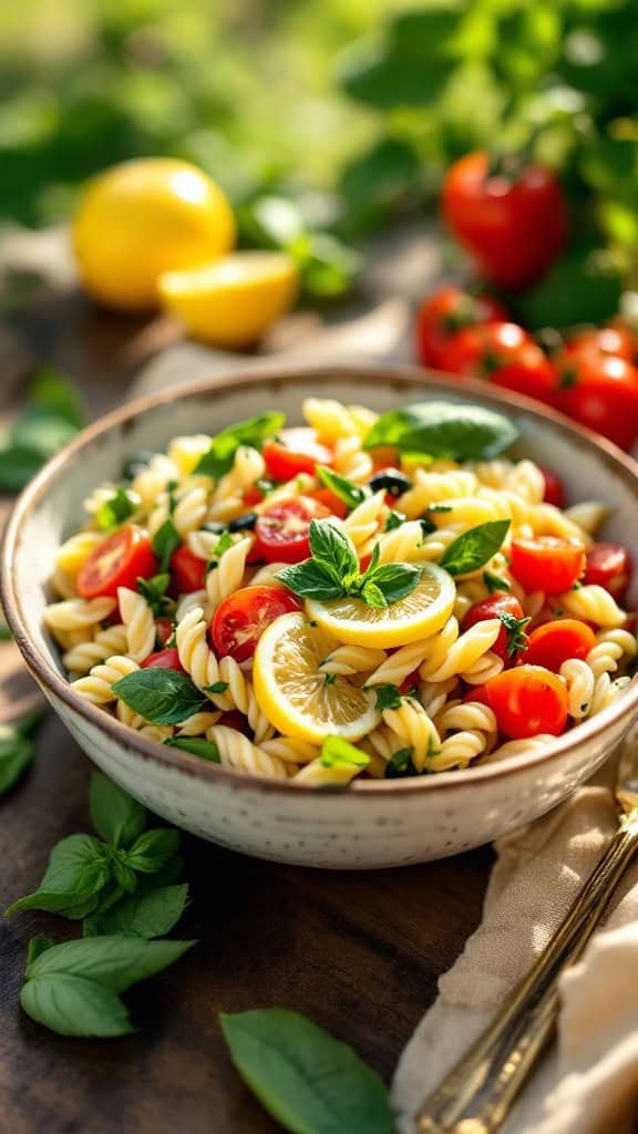 A bowl of lemon basil pasta salad with cherry tomatoes and fresh basil