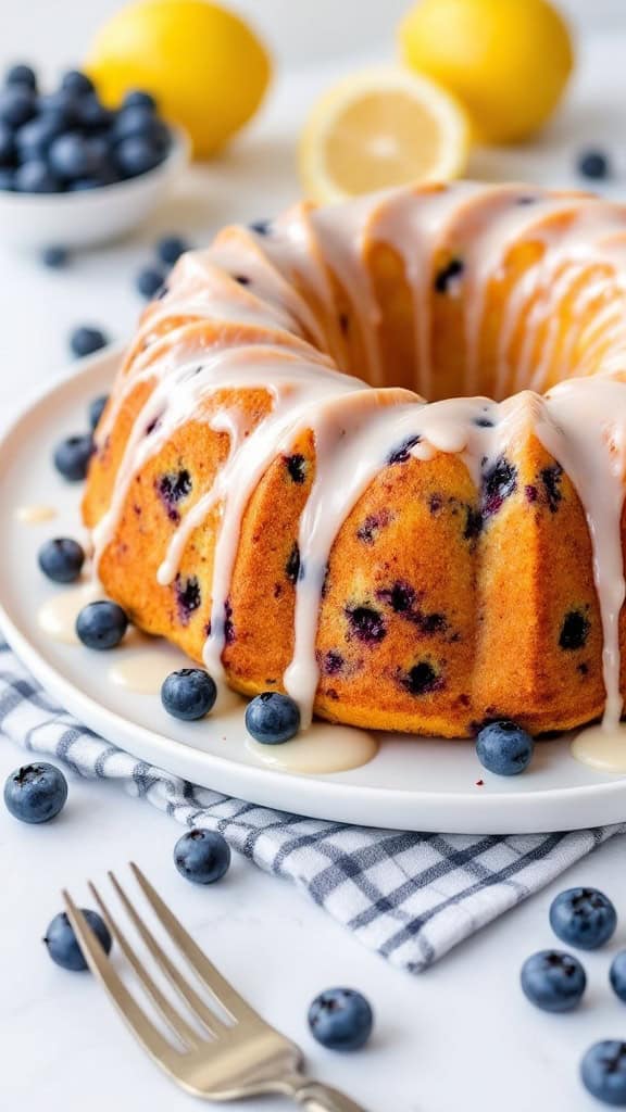 Lemon Blueberry Bundt Cake with blueberries and lemons in the background
