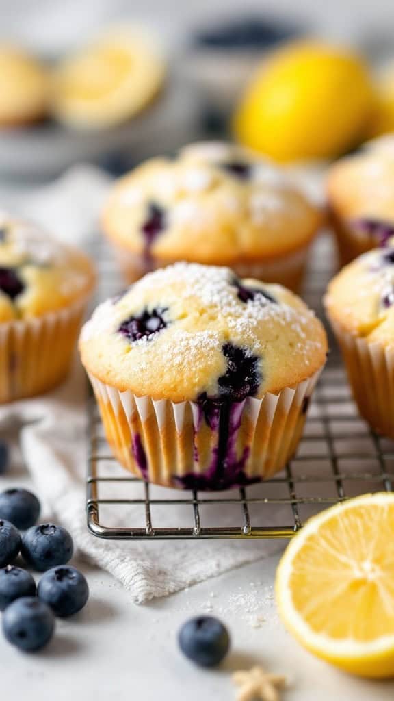 Freshly baked lemon blueberry muffins on a cooling rack with blueberries and lemon slices.