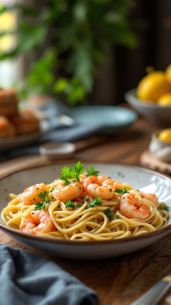 A plate of lemon butter garlic shrimp pasta with parsley garnish on a wooden table.