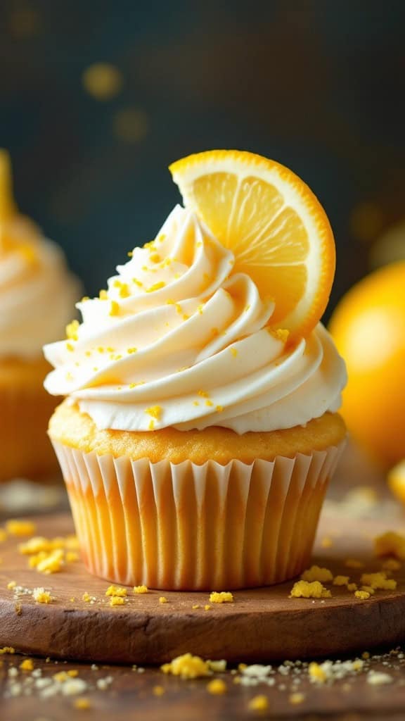 A lemon poppy seed cupcake topped with frosting and a slice of lemon.
