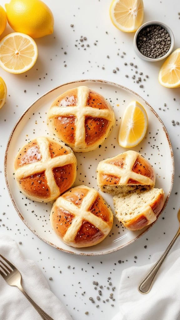 Lemon poppy seed hot cross buns on a plate with lemon slices and poppy seeds scattered around.