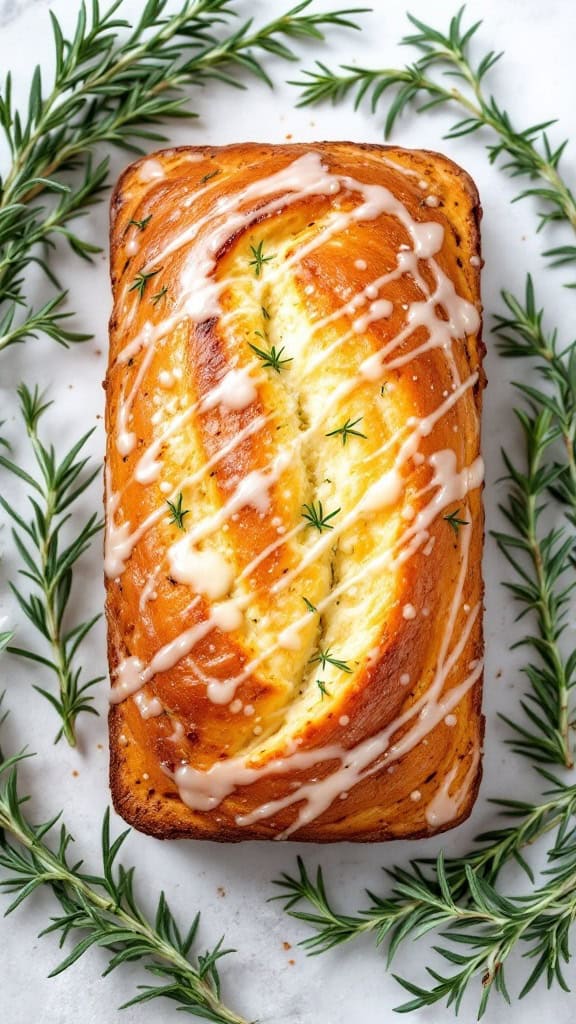 A loaf of lemon rosemary bread drizzled with icing, surrounded by fresh rosemary sprigs.