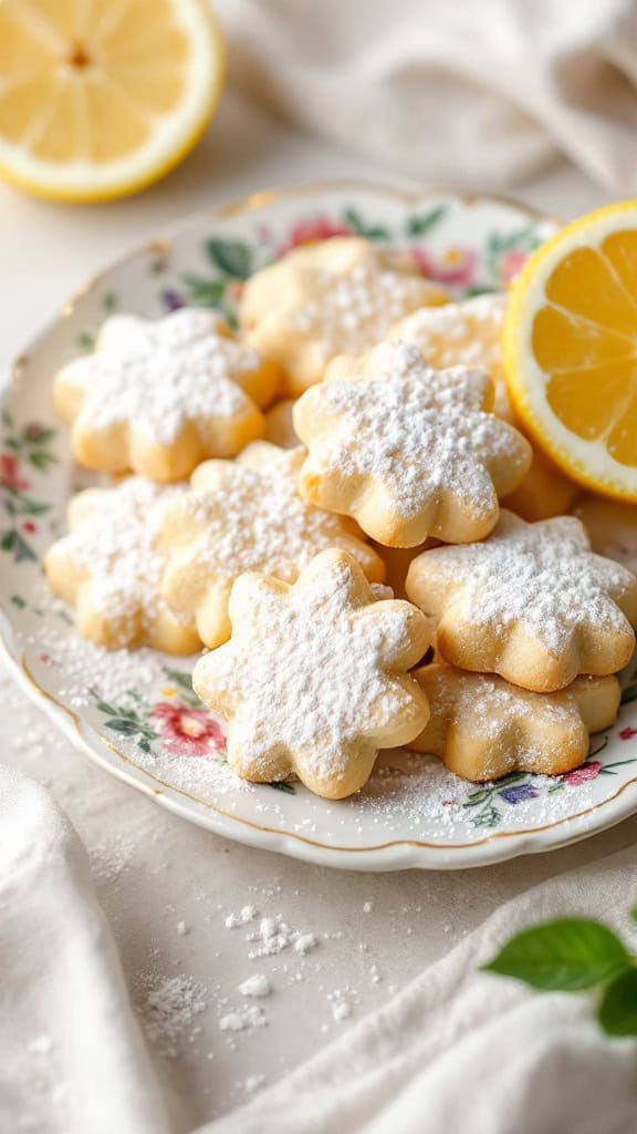 A plate of lemon sugar cookies shaped like flowers, dusted with powdered sugar, and accompanied by lemon slices.