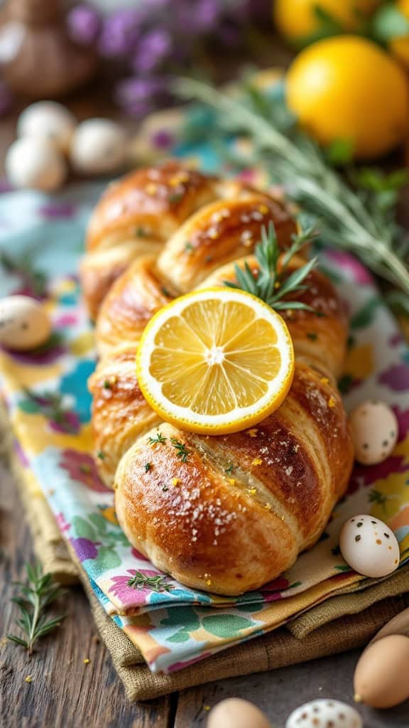 A beautifully baked Easter bun topped with a slice of lemon and sprigs of thyme