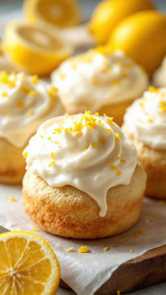 A lemon zest buns topped with cream cheese frosting and lemon slices.
