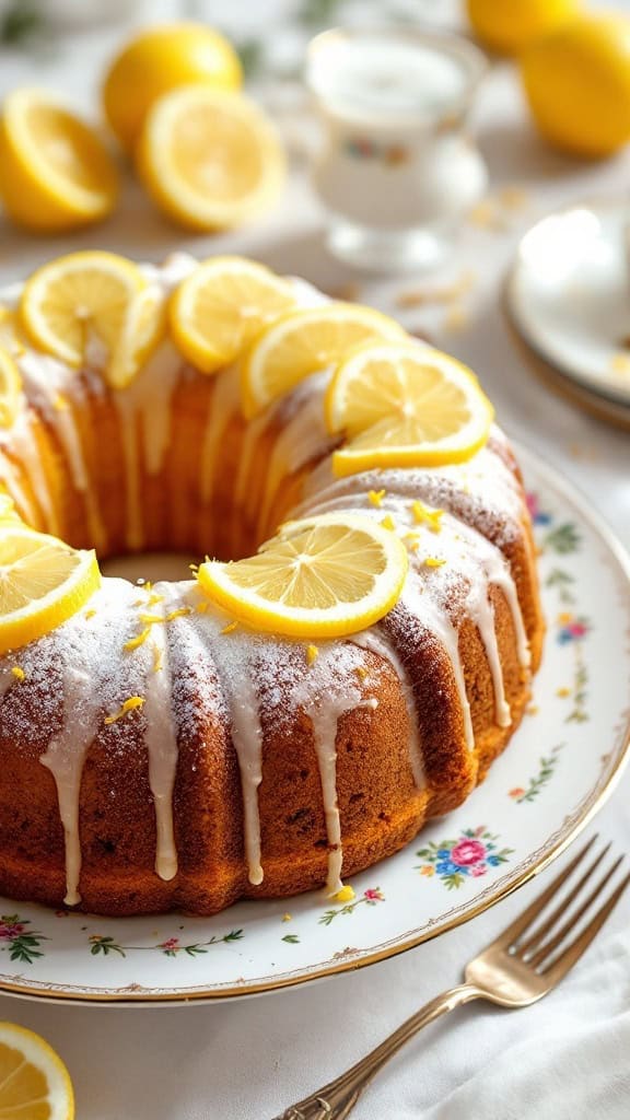 A beautifully decorated Lemon Zest Carrot Cake with lemon slices and icing on a floral plate.