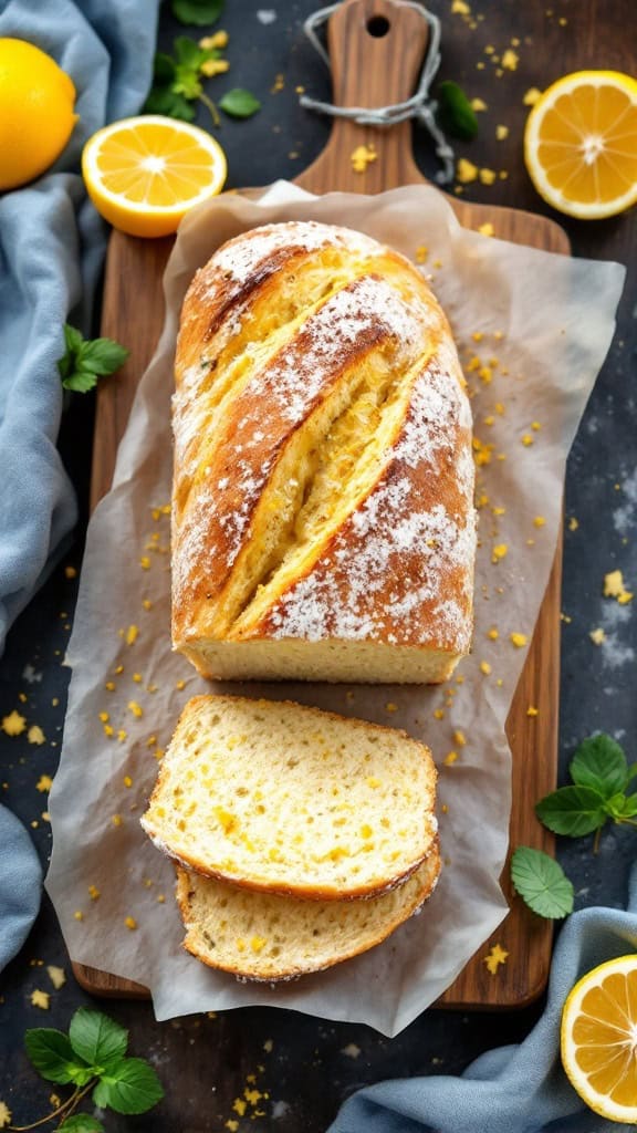 A loaf of lemon zest Greek bread sliced on a wooden board with lemon slices around it