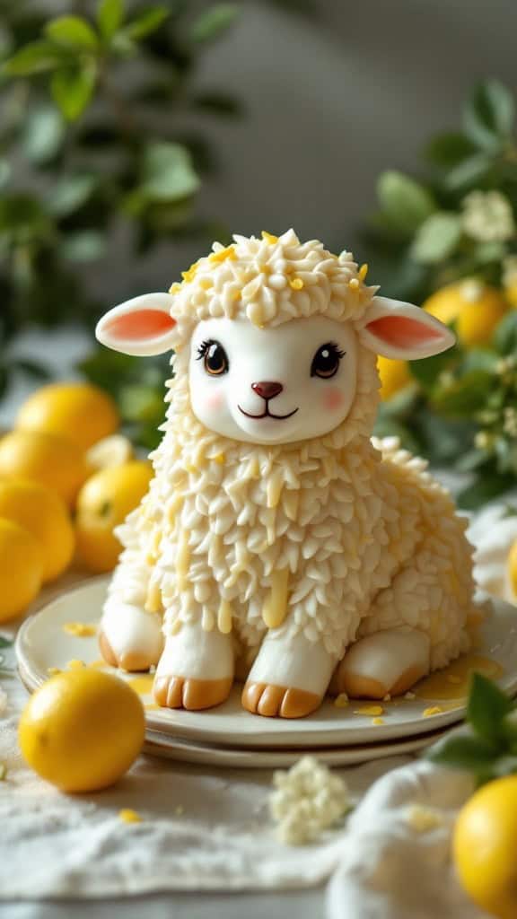 A beautifully decorated lemon zest lamb cake with citrus glaze surrounded by fresh lemons and greenery.