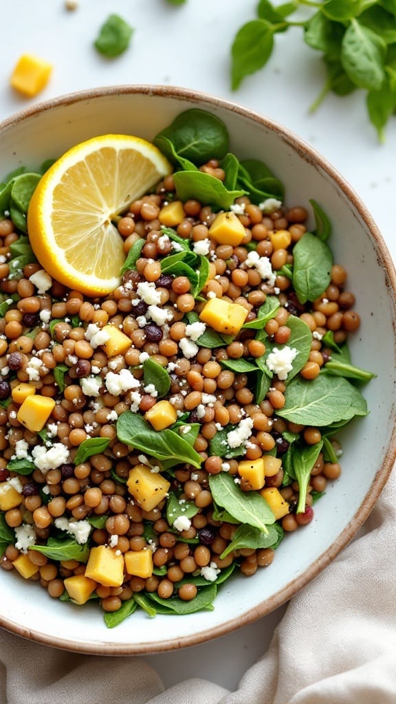 Lentil and Spinach Salad with Lemon Dressing featuring spinach, lentils, mango chunks, and a lemon slice