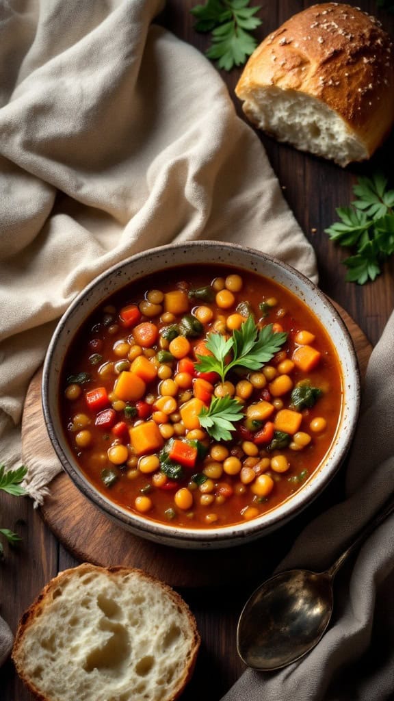 A bowl of colorful lentil and vegetable soup with fresh parsley, served with a piece of bread.