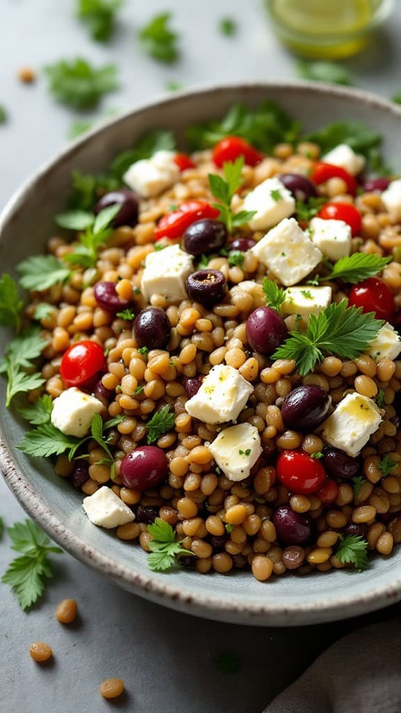 A bowl of lentil salad with feta cheese, olives, cherry tomatoes, and fresh parsley.
