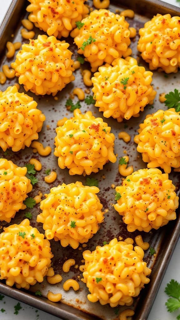A tray of macaroni and cheese bites, golden and garnished with parsley.