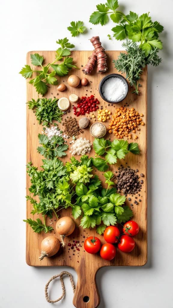 A wooden cutting board with a variety of fresh herbs, spices, and veggies laid out for meal prep.
