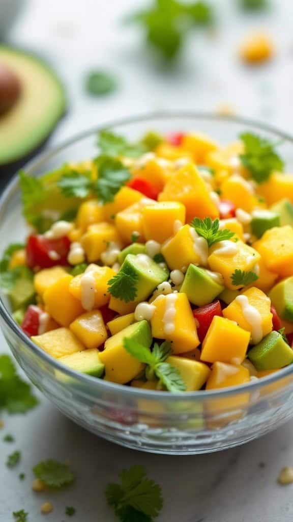 A bowl of mango and avocado salad with colorful diced ingredients and garnished with cilantro.