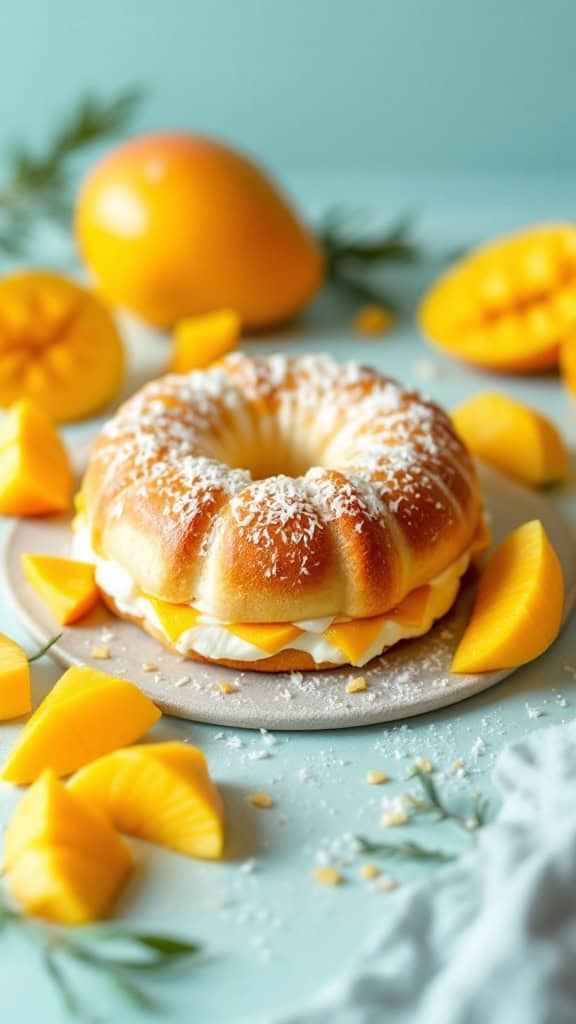 A delicious Mango and Coconut Cream Easter Bun surrounded by fresh mango slices.