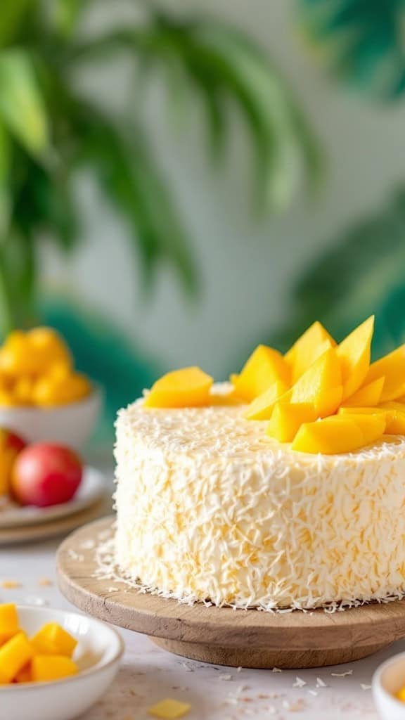 Mango Coconut Cake with fresh mango slices and coconut frosting