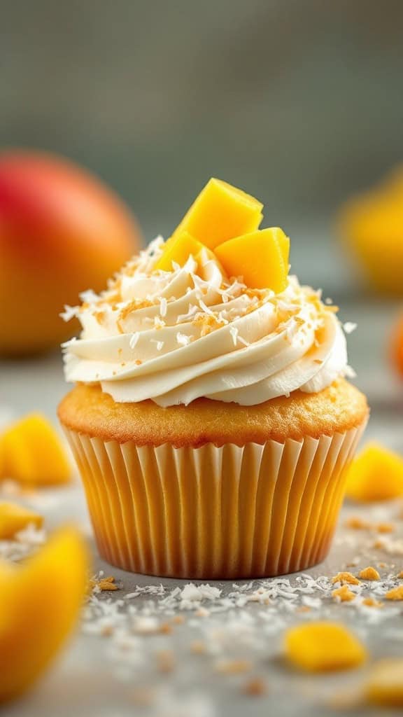 A cupcake with coconut frosting and fresh mango topped with shredded coconut.
