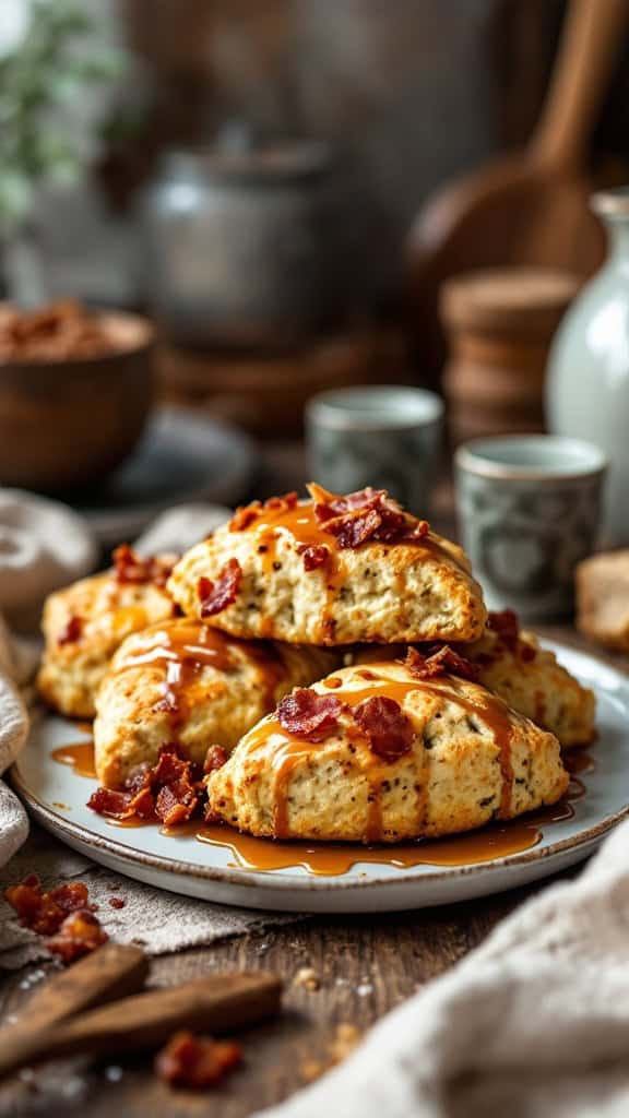Plate of maple bacon scones drizzled with syrup and topped with bacon bits.