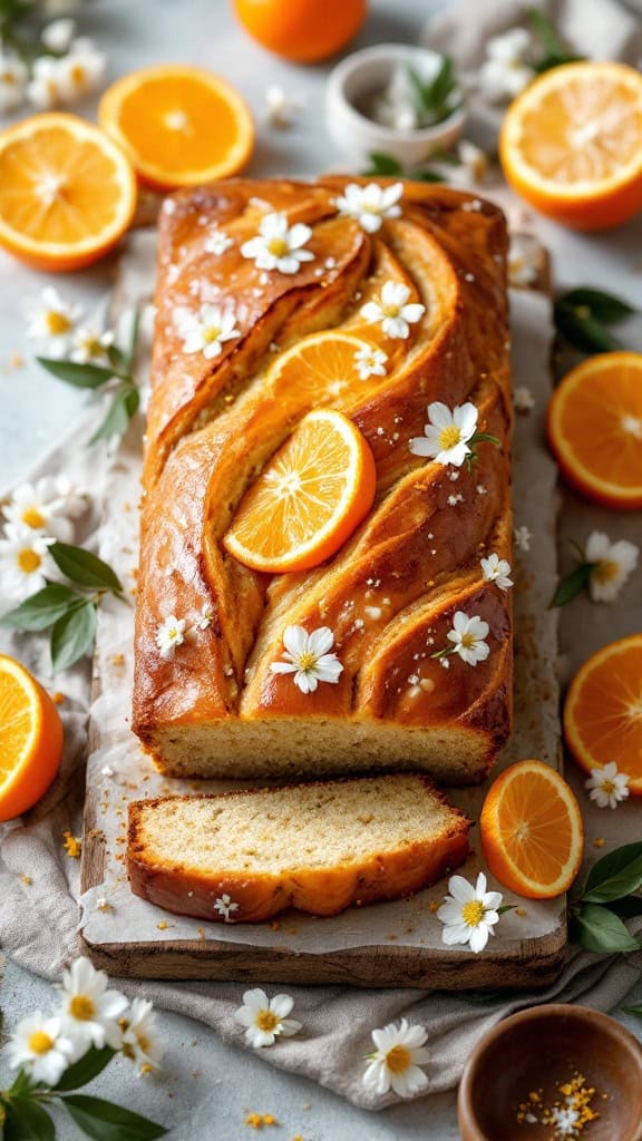 A loaf of maple glazed orange Easter bread, decorated with orange slices and flowers.
