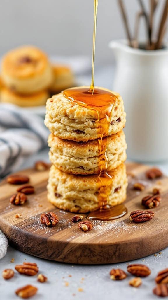 Stack of maple pecan biscuits with syrup drizzling over them
