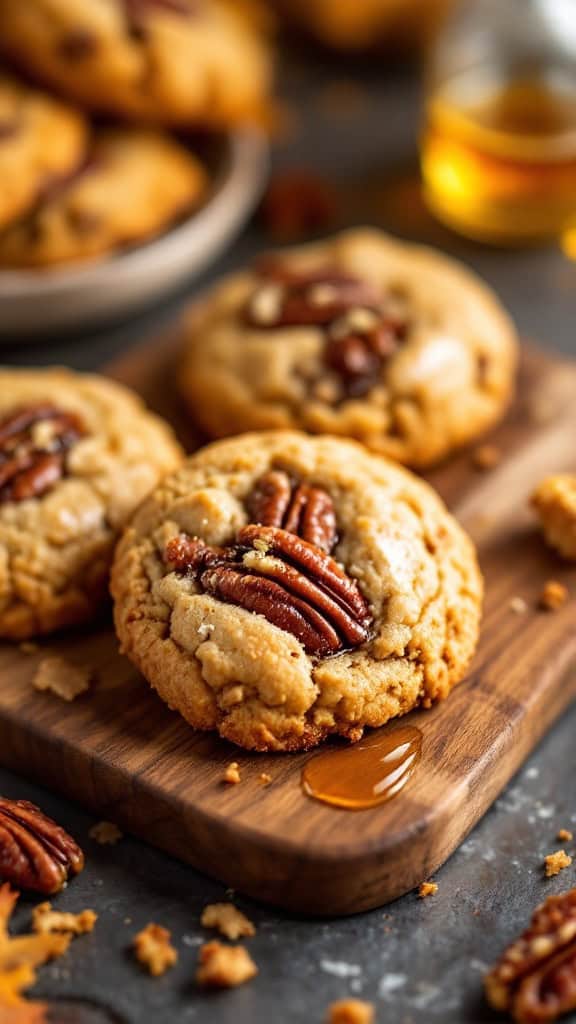 Close-up of maple pecan cookies on a wooden board with syrup.