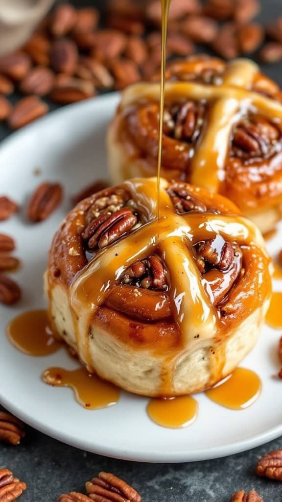 Maple Pecan Hot Cross Buns with syrup drizzle and pecans