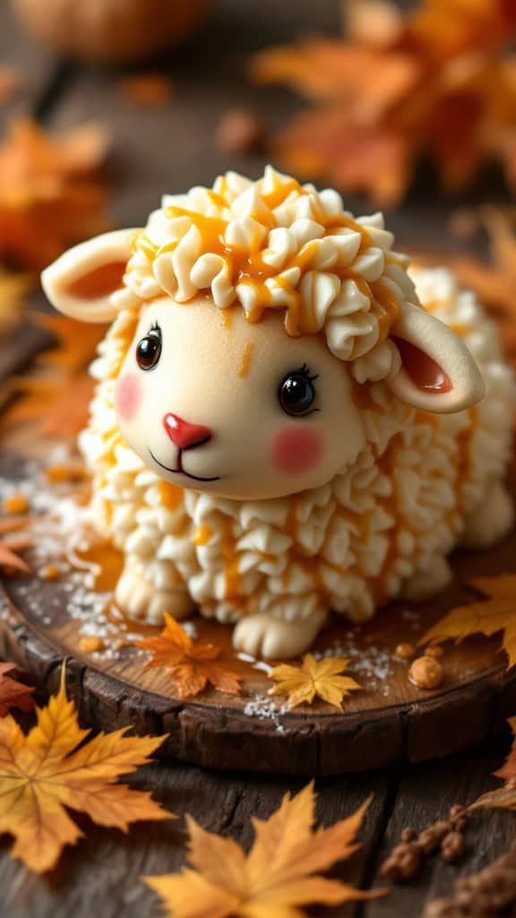 A delicious maple syrup lamb cake with a caramel drizzle, surrounded by autumn leaves.