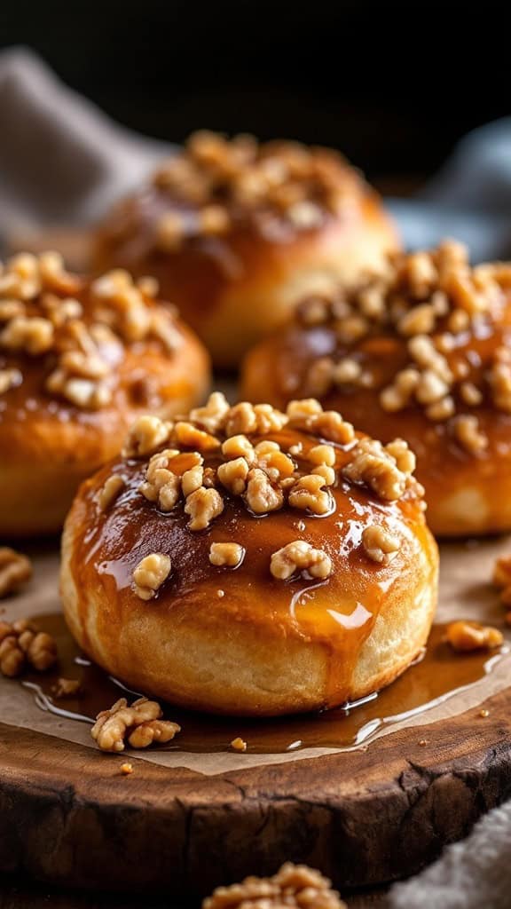 A maple walnut Easter buns on a wooden platter, topped with a glossy glaze and chopped walnuts.