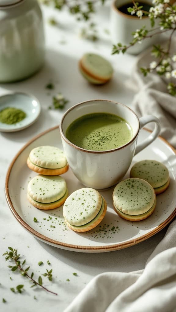 A plate of green matcha biscuits next to a cup of matcha tea