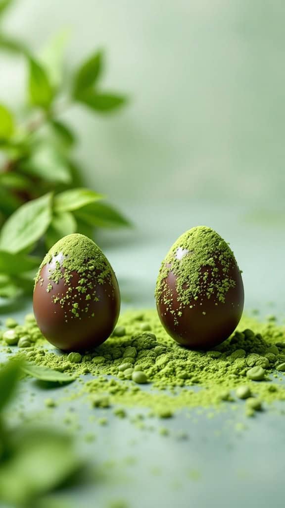 Two chocolate eggs topped with green matcha powder and surrounded by matcha dust.